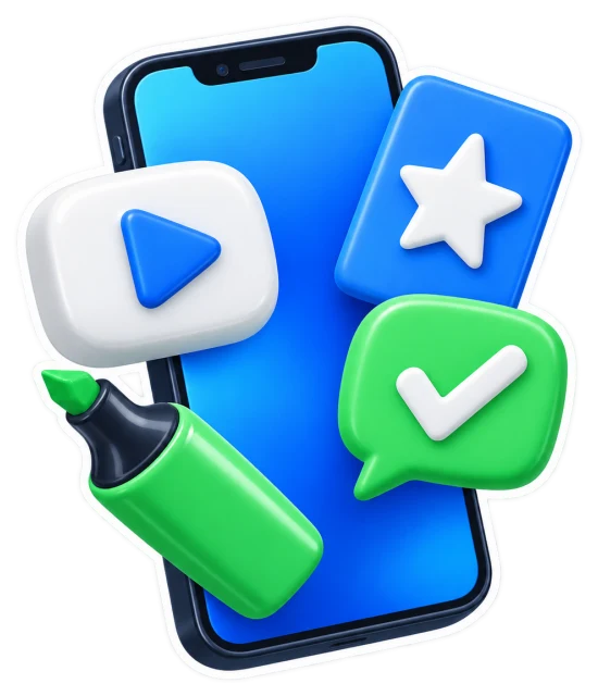 A phone with study tools bursting out of it: a play button, a flashcard, a check mark and a highlighter